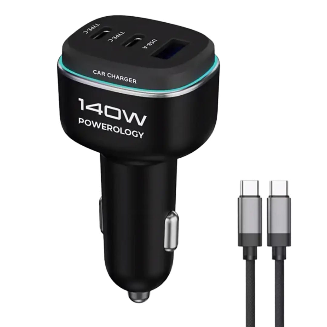 Powerology 140W Triple-Port High-Power Car Charger with Type-C Cable, Black/Grey