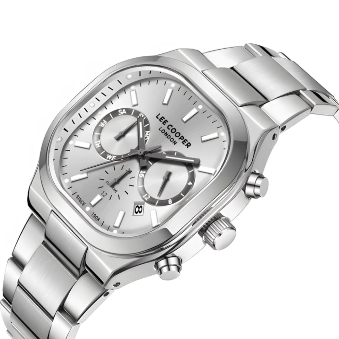 Lee Cooper Men's Multifunction Silver Case Silver Metal Band Watch, LC08169.330