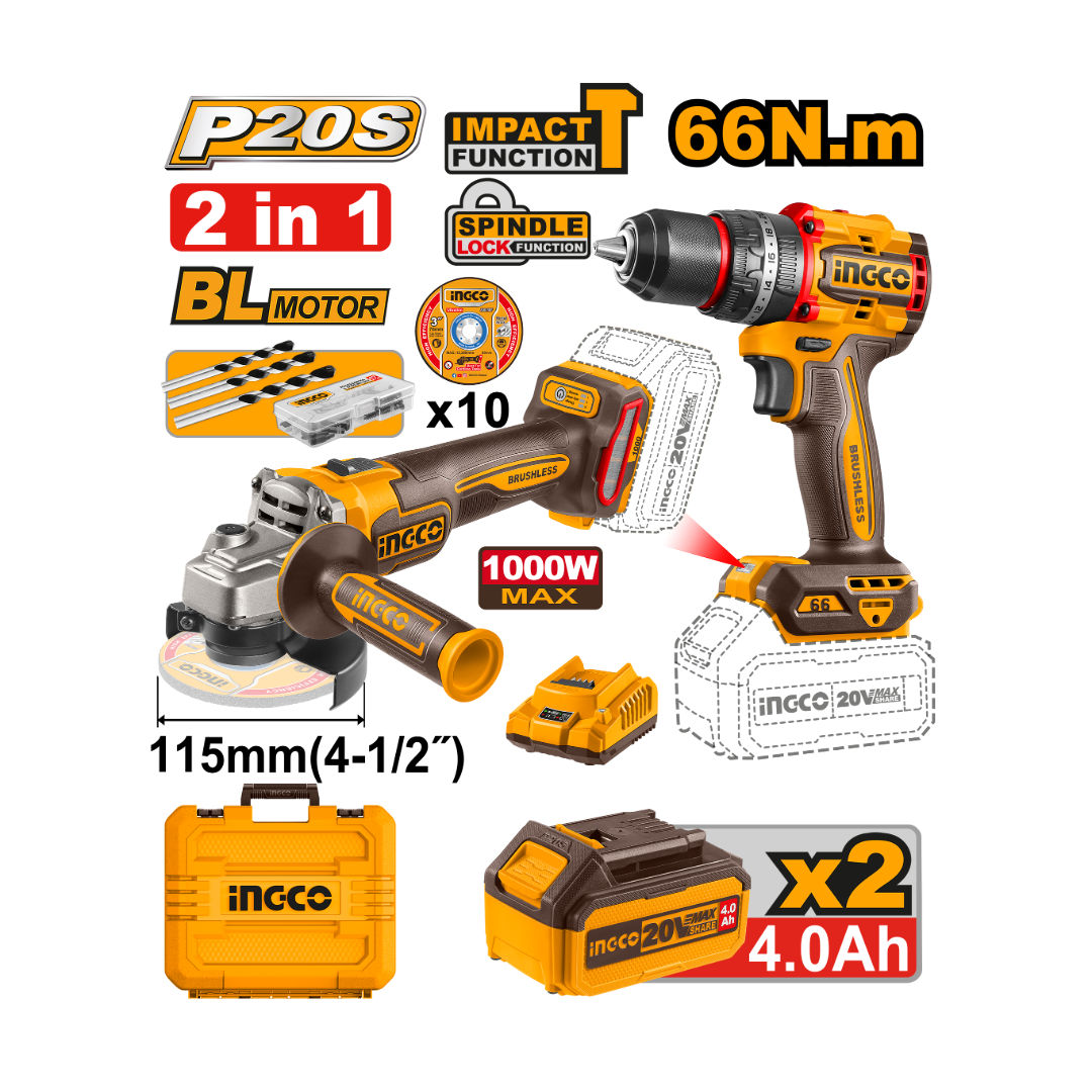 INGCO Cordless 2 Pieces Combo Kit, 20V