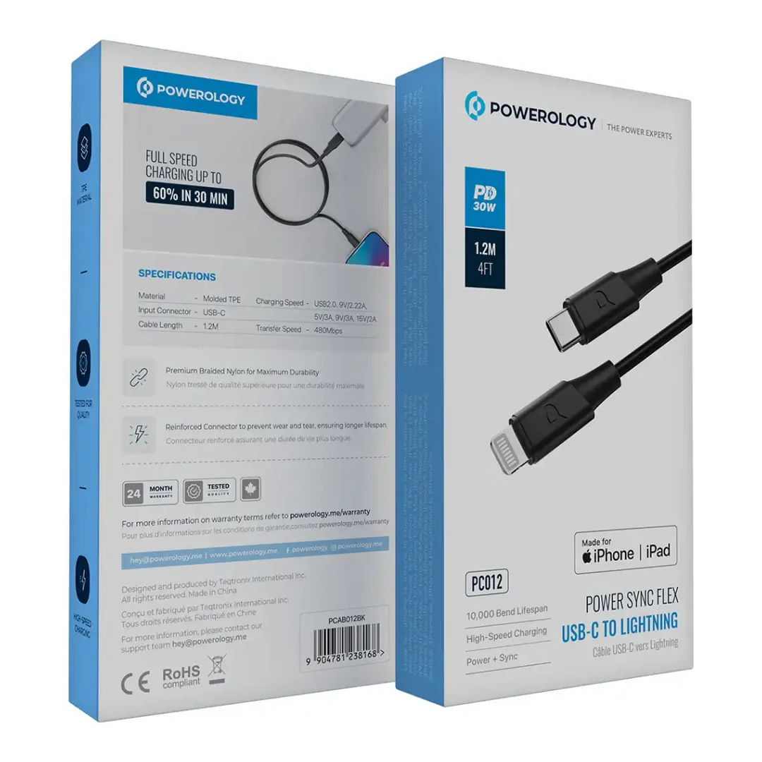 Powerology Power Sync Flex USB-C to Lightning Cable, PD 30W