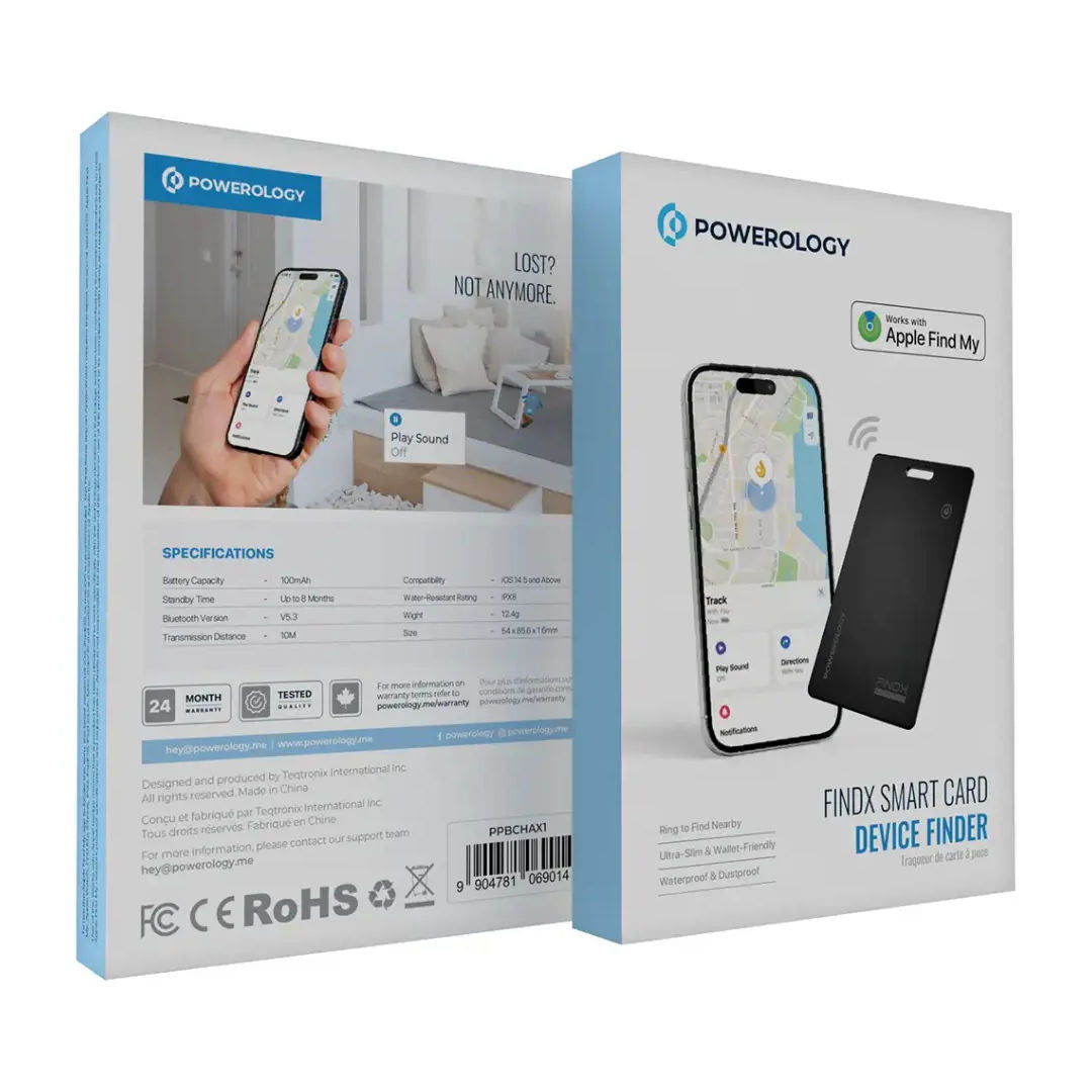 Powerology Findx Smart Card Device Finder, Apple Find My, IPX8, Black