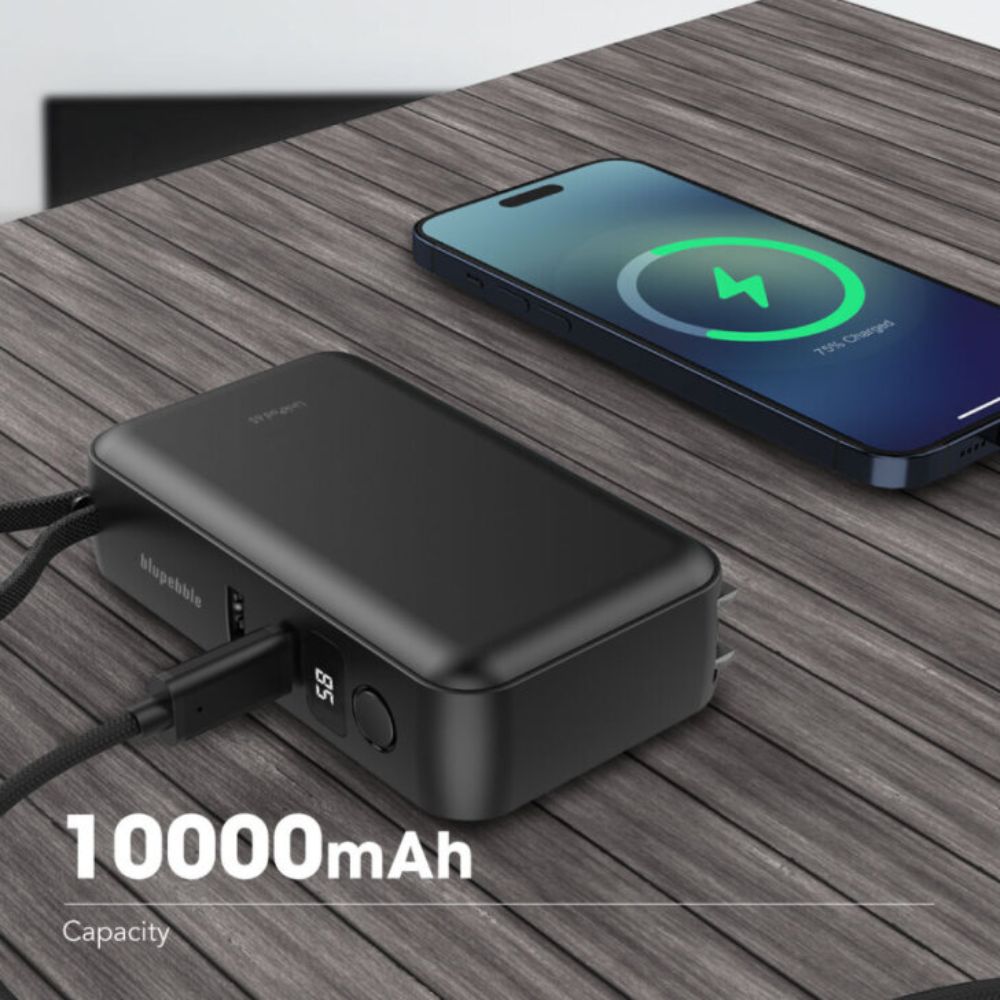 Blupebble LinkPod 65 10000mAh Power Bank & 65W Fast Charger with Retractable Type-C Cable, Black