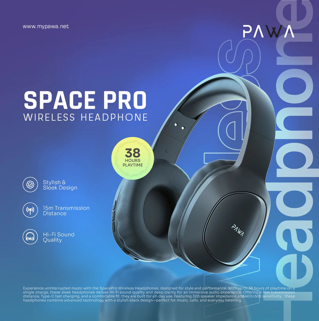 Pawa Wireless Bluetooth Headphone Space Pro, Black
