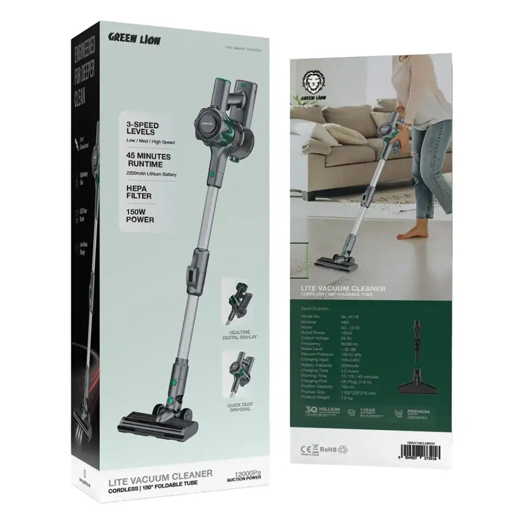 Green Lion Lite Cordless Vacuum Cleaner with 180° Foldable Tube, Gray