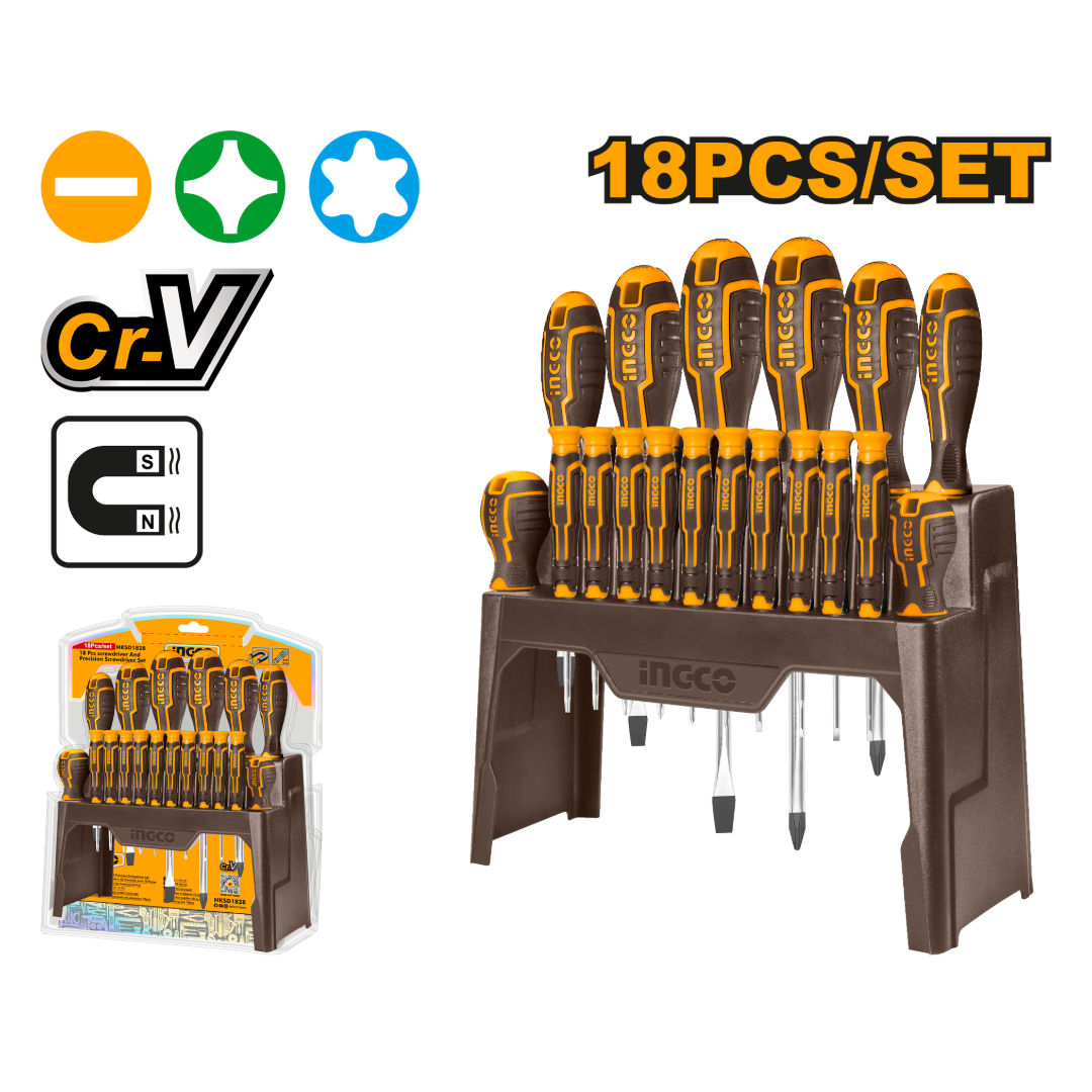 INGCO 18-Piece Screwdriver & Precision Set, CR-V Round Blade, SL/PH with 10 Precision Bits & Storage Frame