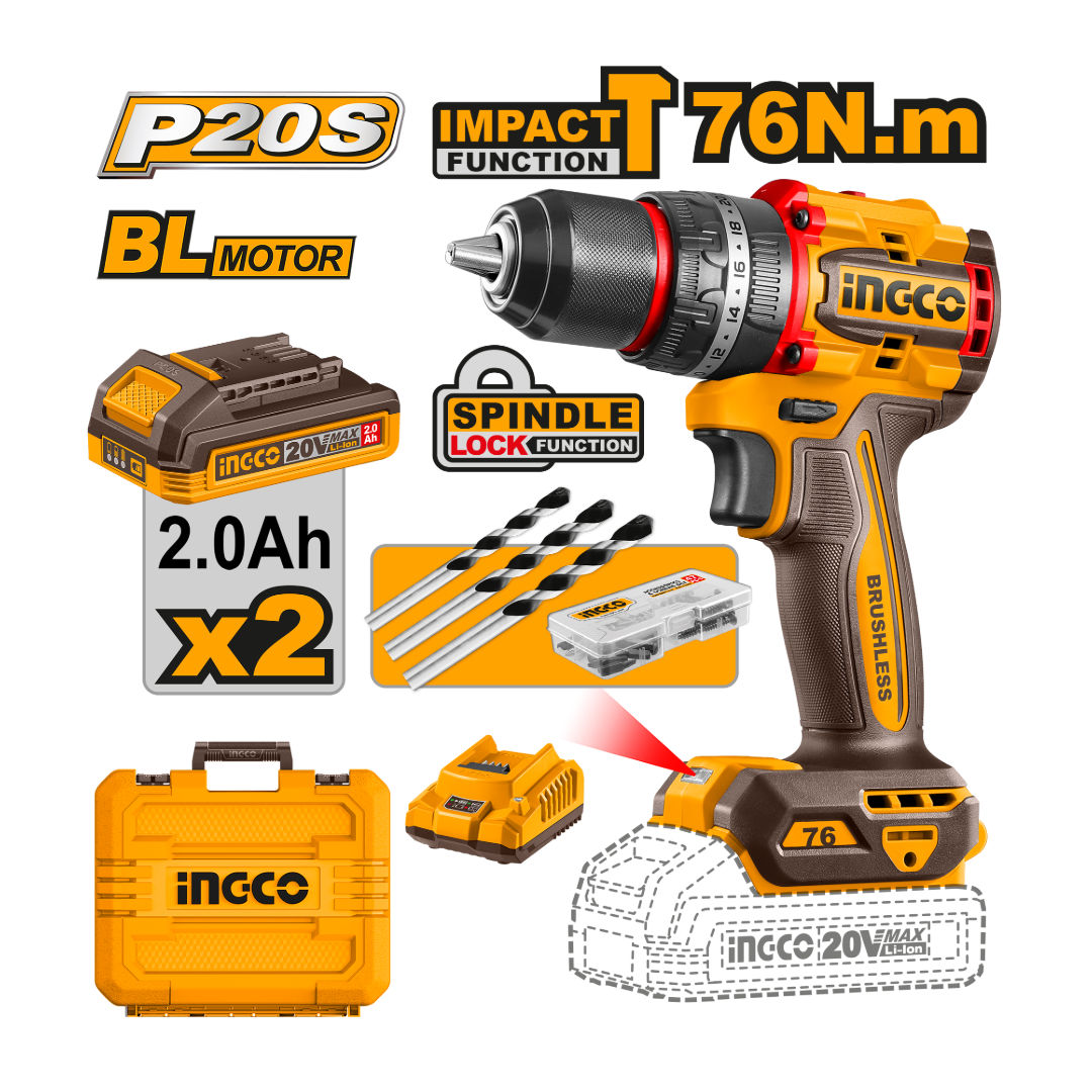 INGCO 20V Brushless Compact Impact Drill With 76Nm, Led Light, Durable 13Mm Metal Chuck