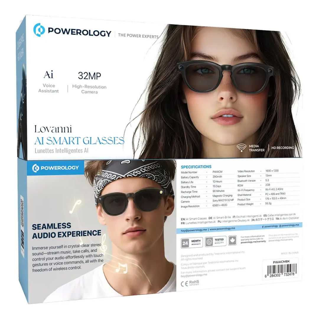 Powerology Lovanni Ai Smart Glasses, 10H Battery, Black
