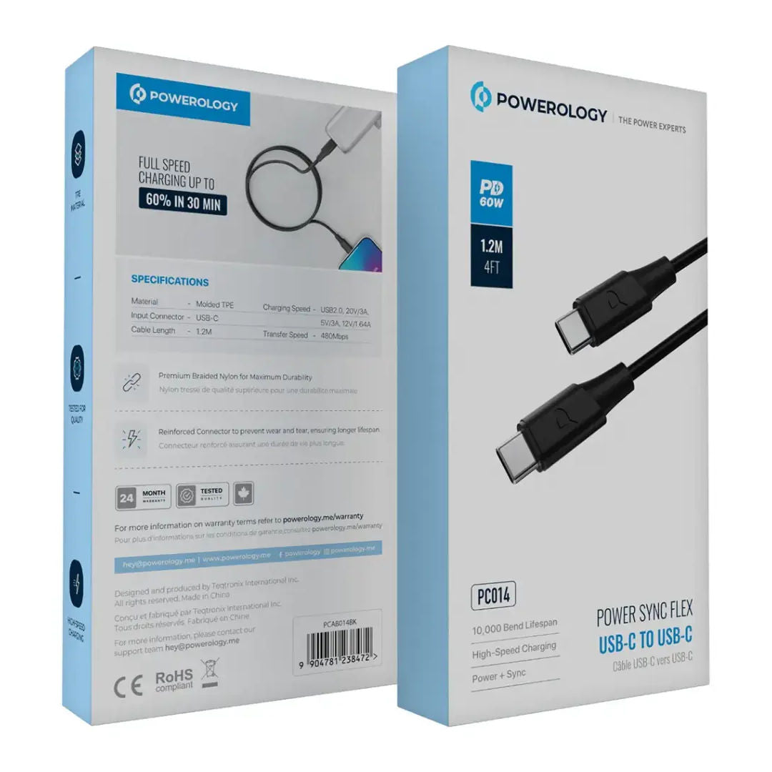 Powerology Power Sync Flex USB-C TO USB-C Cable, PD 60W, 1.2M