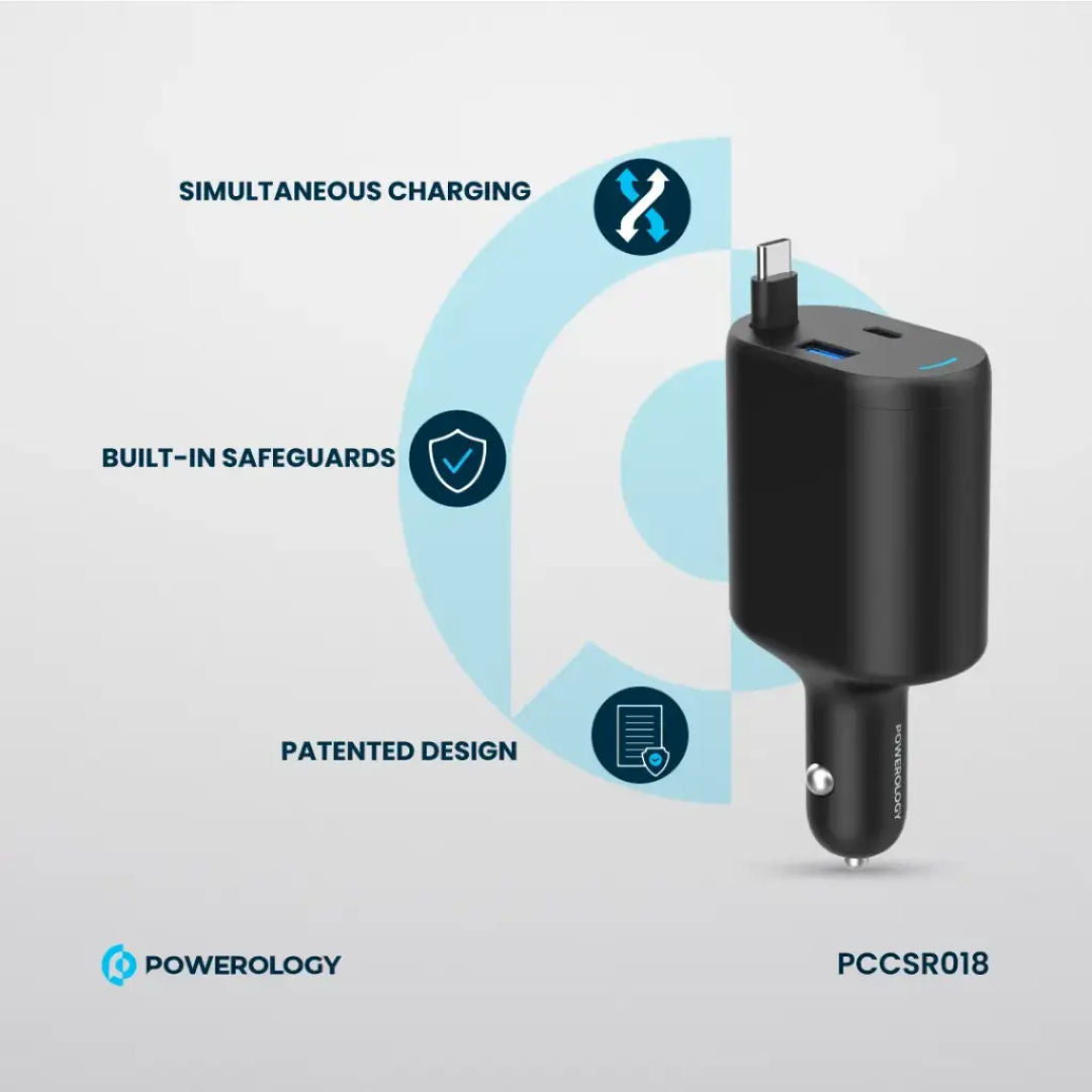 Powerology Type-C Retractable Car Charger 70W, Black