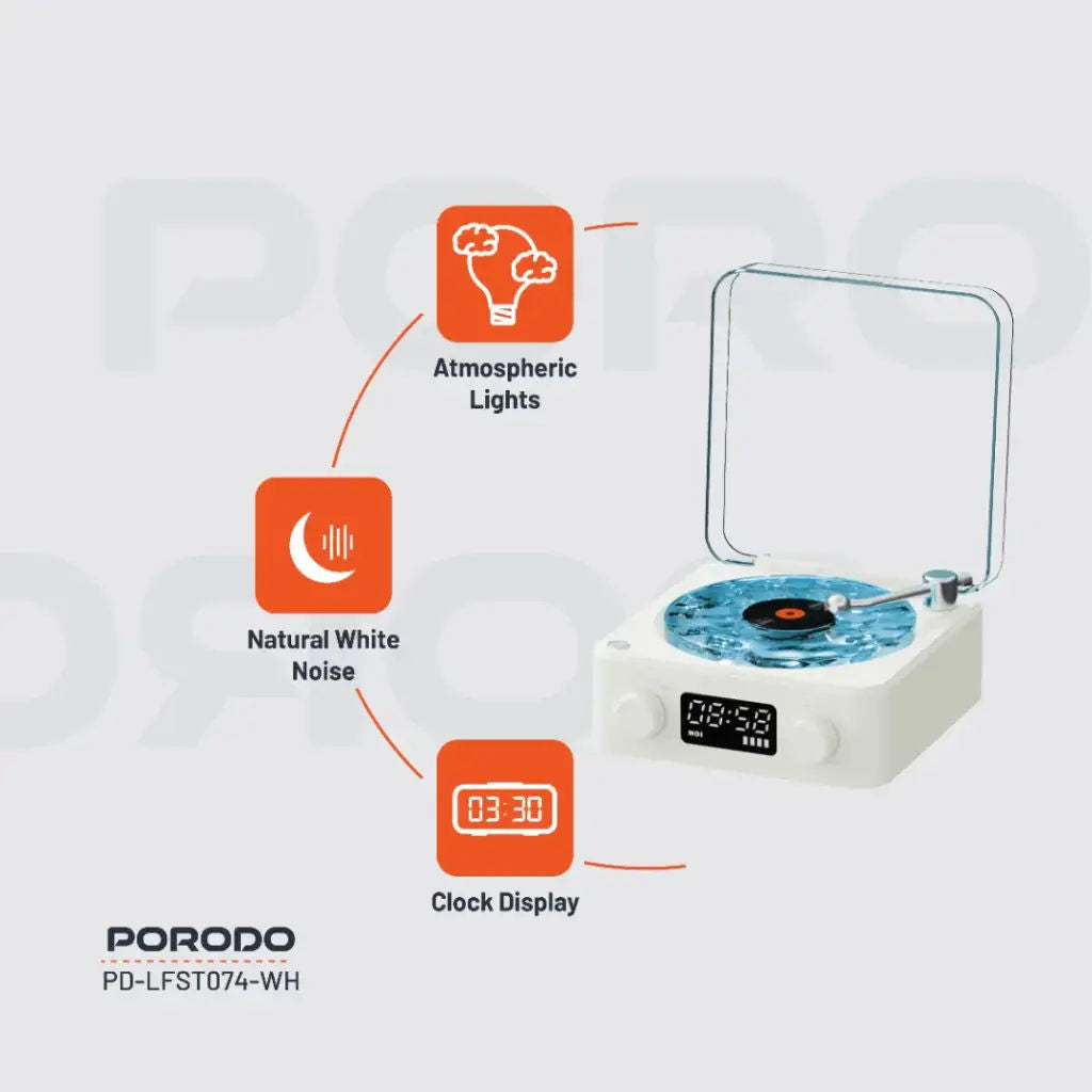 Porodo Lifestyle White Noise Portable Speaker with Clock Display, Ambient Light, Bluetooth 5.0, White