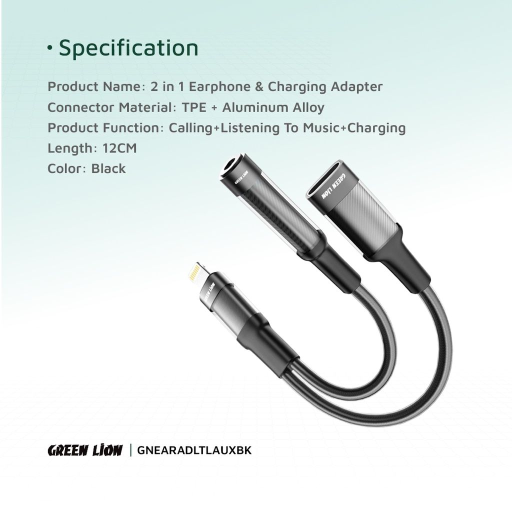 Green Lion Lightning to Dual Lightning + 3.5mm AUX Earphone Adapter, 12CM, Charging & Audio, Black