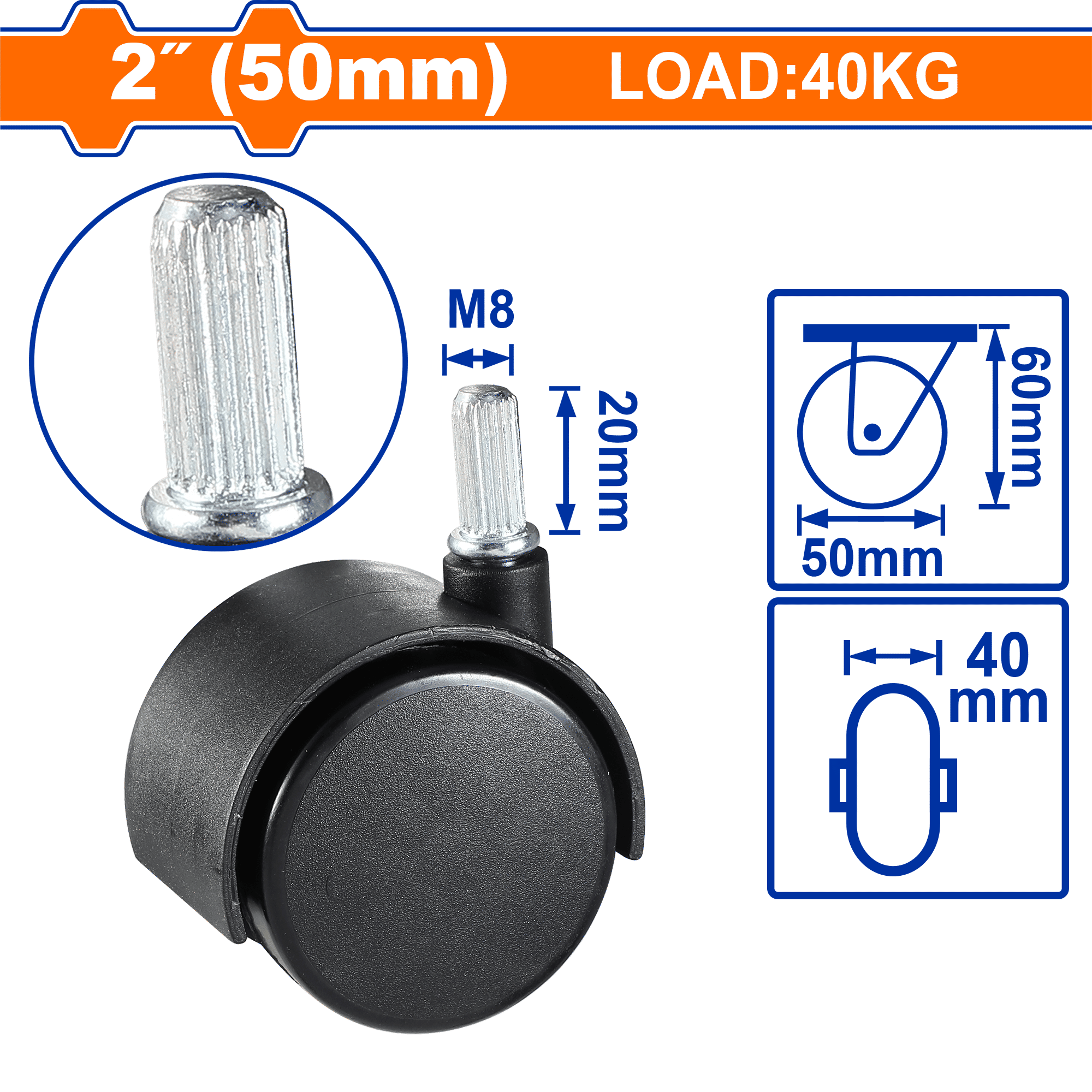 عجلات نايلون WADFOW، مادة PA شديدة التحمل، خيارات تركيب متعددة، مع/بدون فرامل