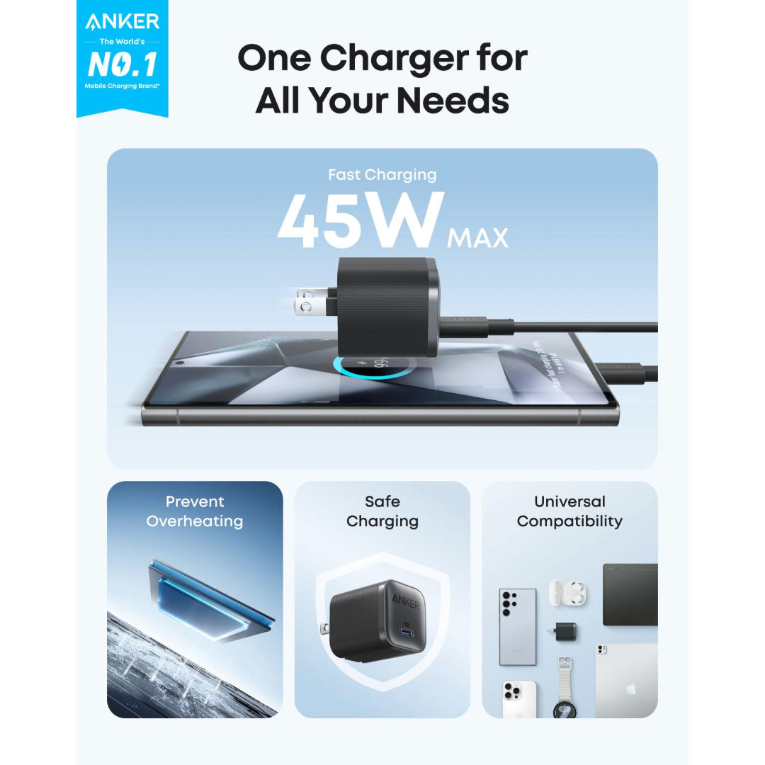 Anker Nano 45W USB-C Charger with USB-C Cable, Black