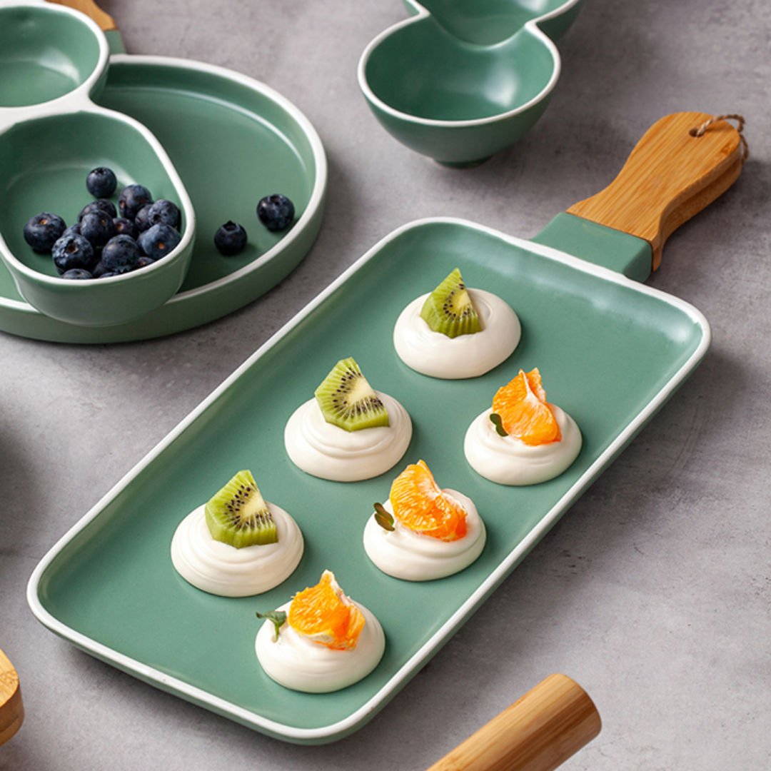 Nava Terrestrial Porcelain Serving Plate with Bamboo Handle, 41cm