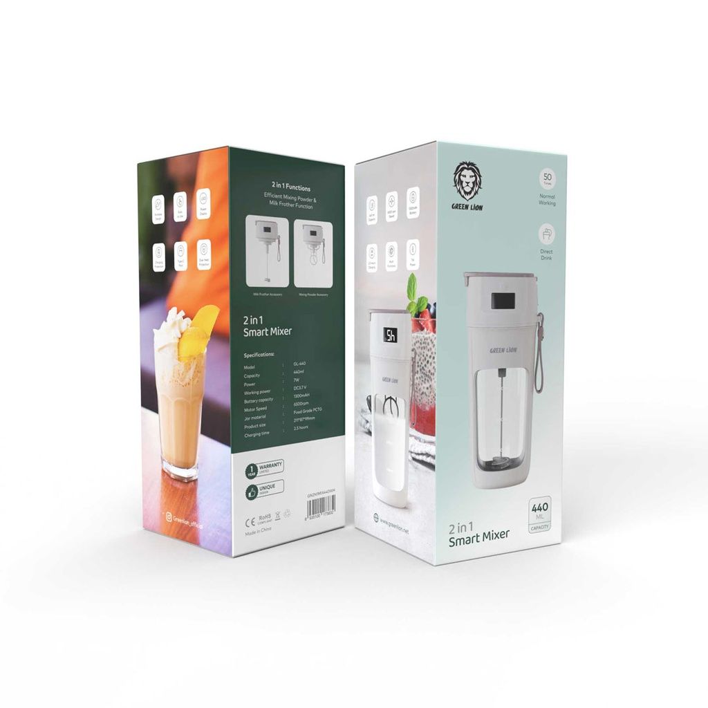 Green Lion 2 in 1 Smart Mixer 440mL 7W, Portable Electric Blender with Type-C Charging, White