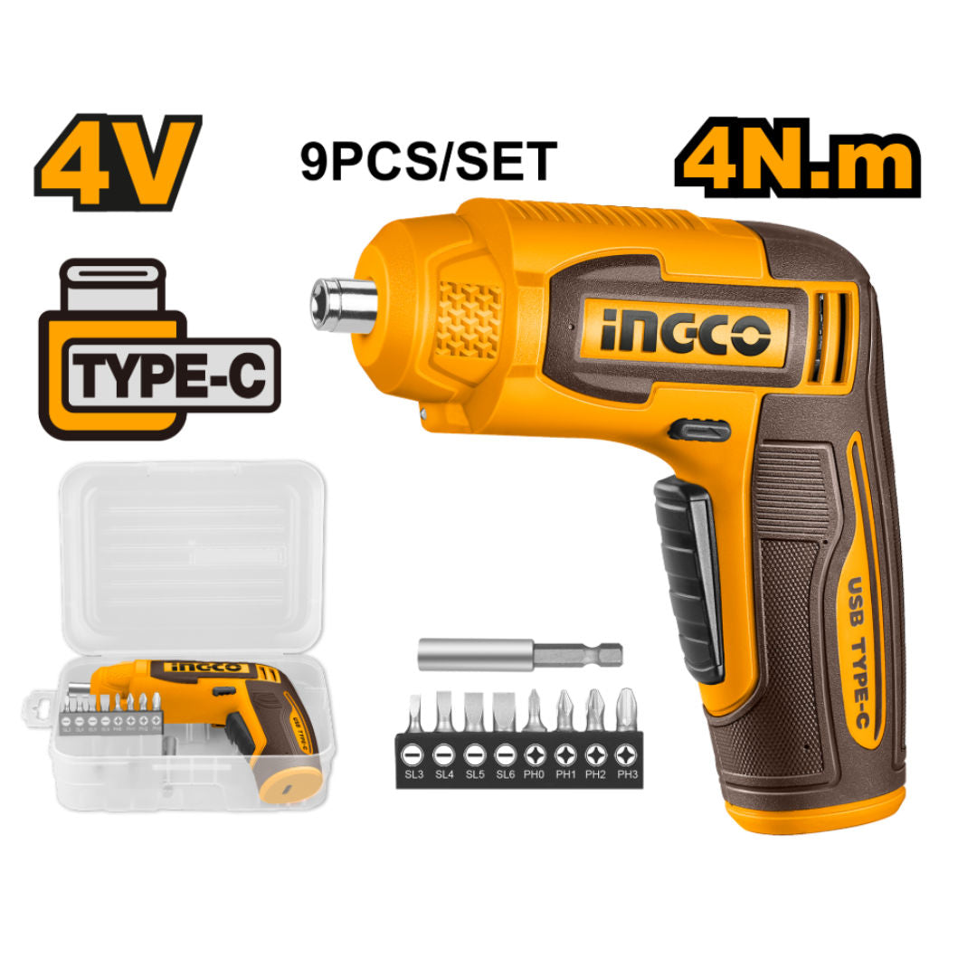 INGCO Cordless Screwdriver, LED Light, 4V, 1/4" Hex Shank, 240rpm