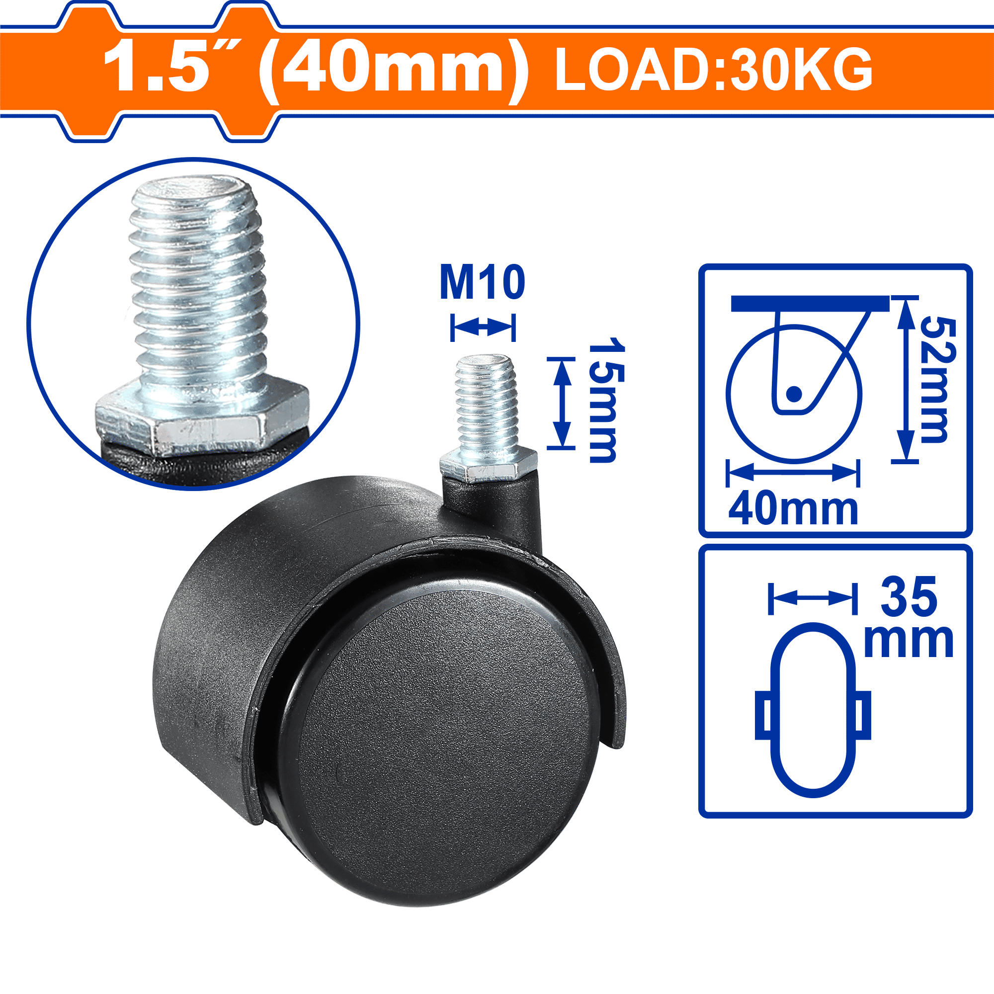 عجلات نايلون WADFOW، مادة PA شديدة التحمل، خيارات تركيب متعددة، مع/بدون فرامل