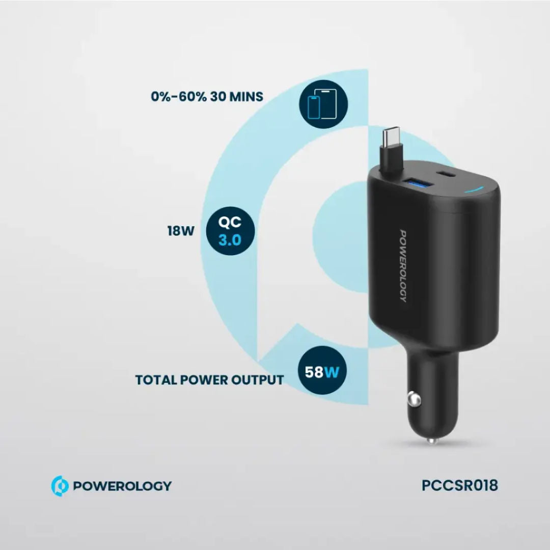 Powerology Type-C Retractable Car Charger 70W, Black