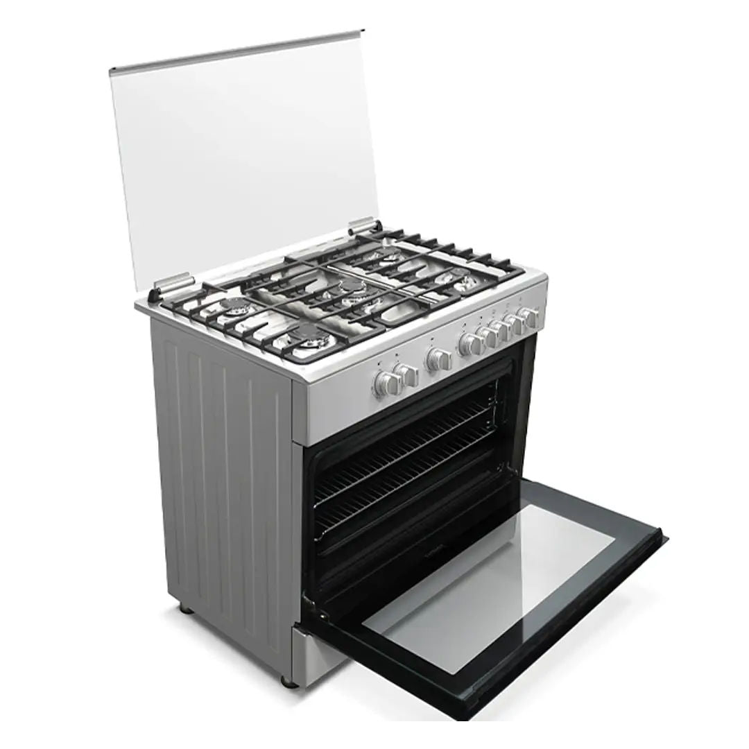 Haier Freestanding Gas Cooker 5 Burners, 110L Oven, Closed Door Grilling, Rotisserie, Inox Silver