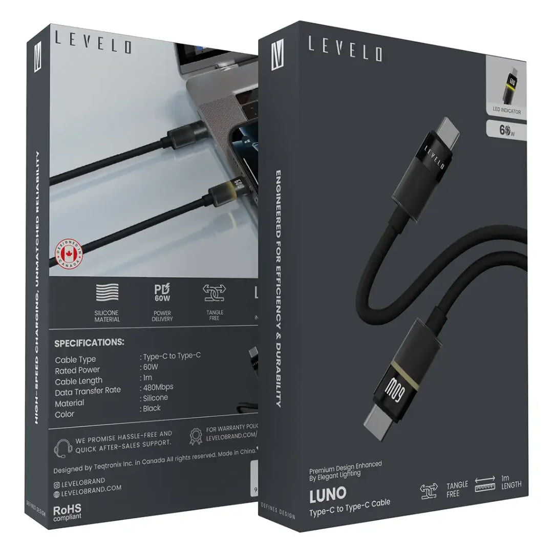 Levelo Luno Type C to Type C Cable 1m, PD 60W, Black