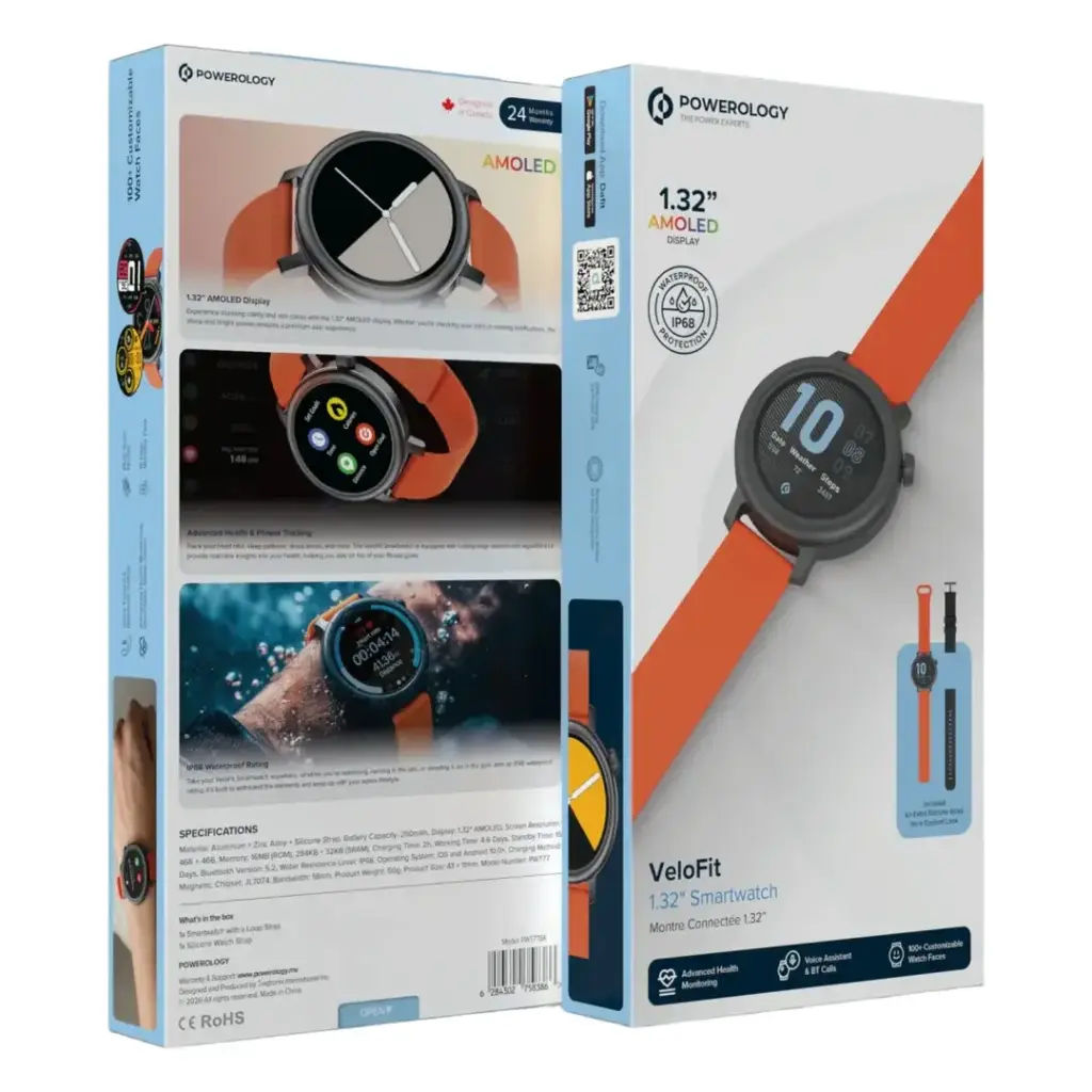 Powerology VeloFit Smartwatch with Dual Straps,1.32", Black / Orange