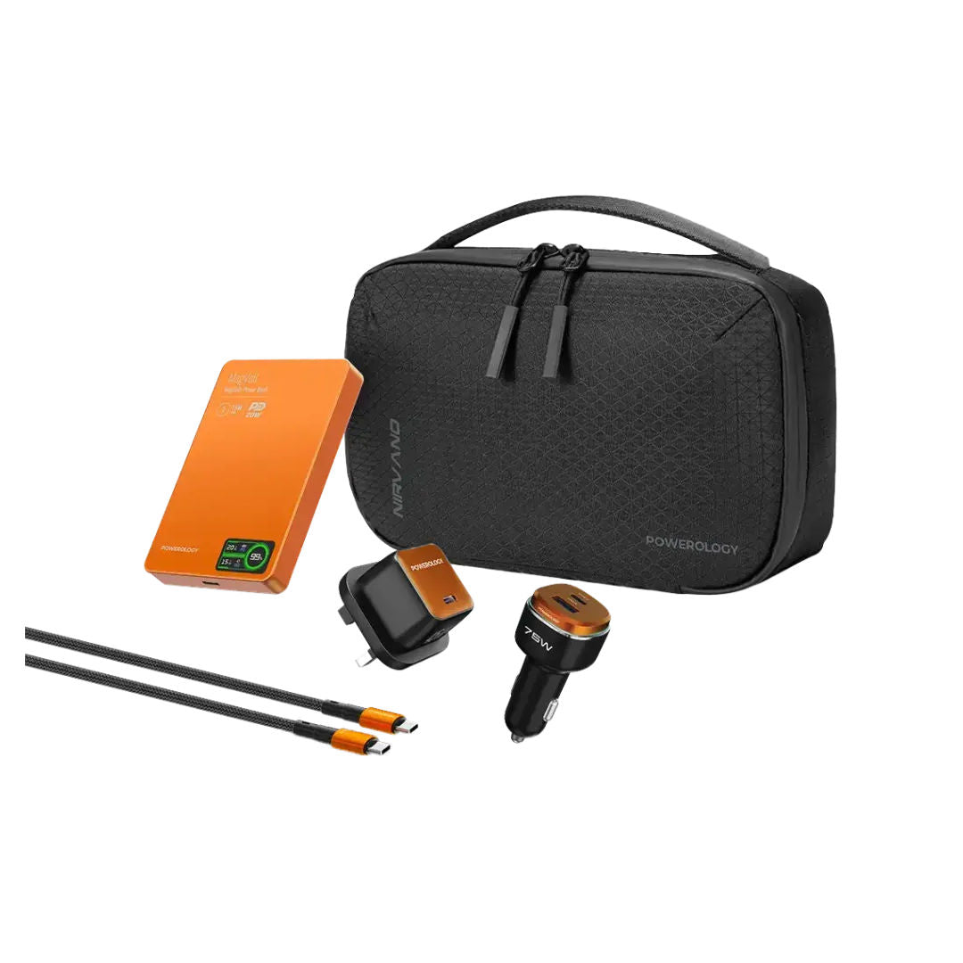 Powerology Nirvano 5-In-1 Power Travel Kit with 10000mAh MagSafe Power Bank, Black/Orange