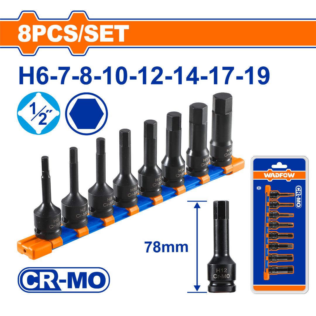 WADFOW 8-Pcs 1/2″ Drive Impact Hex Bit Socket Set, H6-H19, Cr-Mo Steel