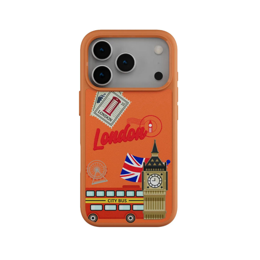 Levelo Vallo PU Leather Case for iPhone 17 Pro/Pro Max With London Embroidery Design