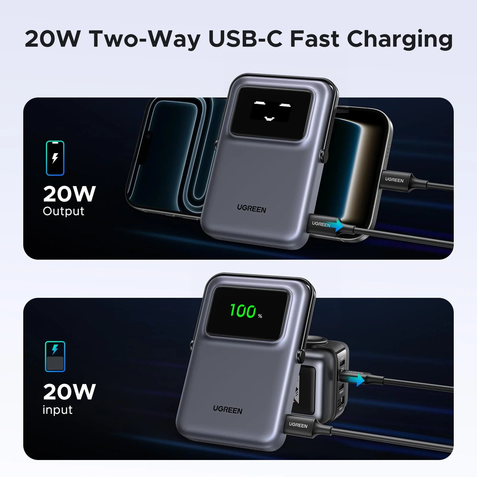 شاحن محمول لاسلكي مغناطيسي UGREEN PB572 بسعة 10000 مللي أمبير في الساعة، مزود بخاصية الشحن السريع عبر منفذ USB-C بقدرة 20 واط وحامل قابل للطي