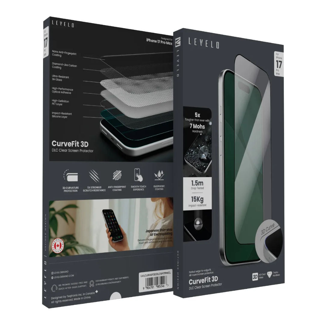 Levelo CurveFit 3D DLC Screen Protector for iPhone For iPhone 17 Series, 5X Stronger Scratch Resistance