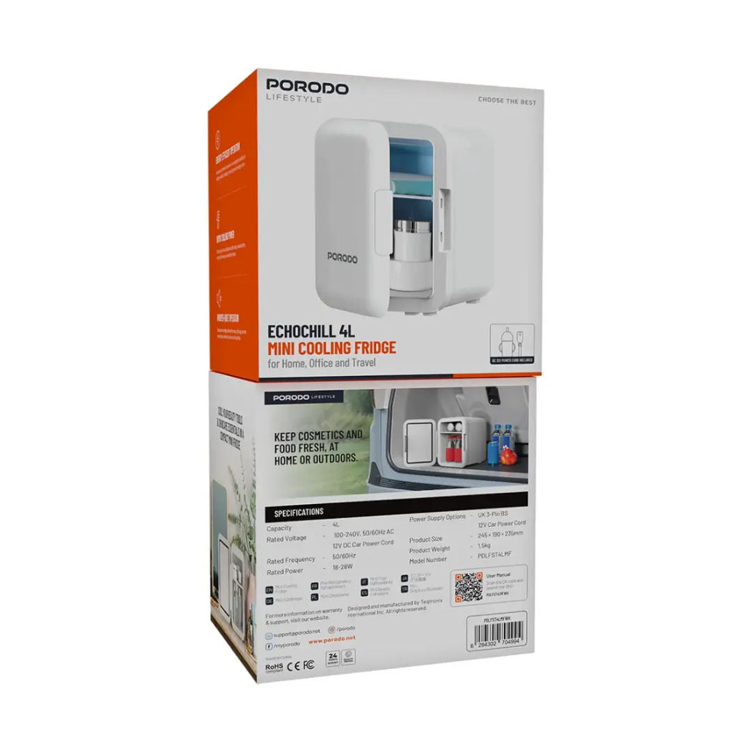 Porodo Lifestyle Echochill 4L Min Cooling Fridge, For Home, Office And Travel, White