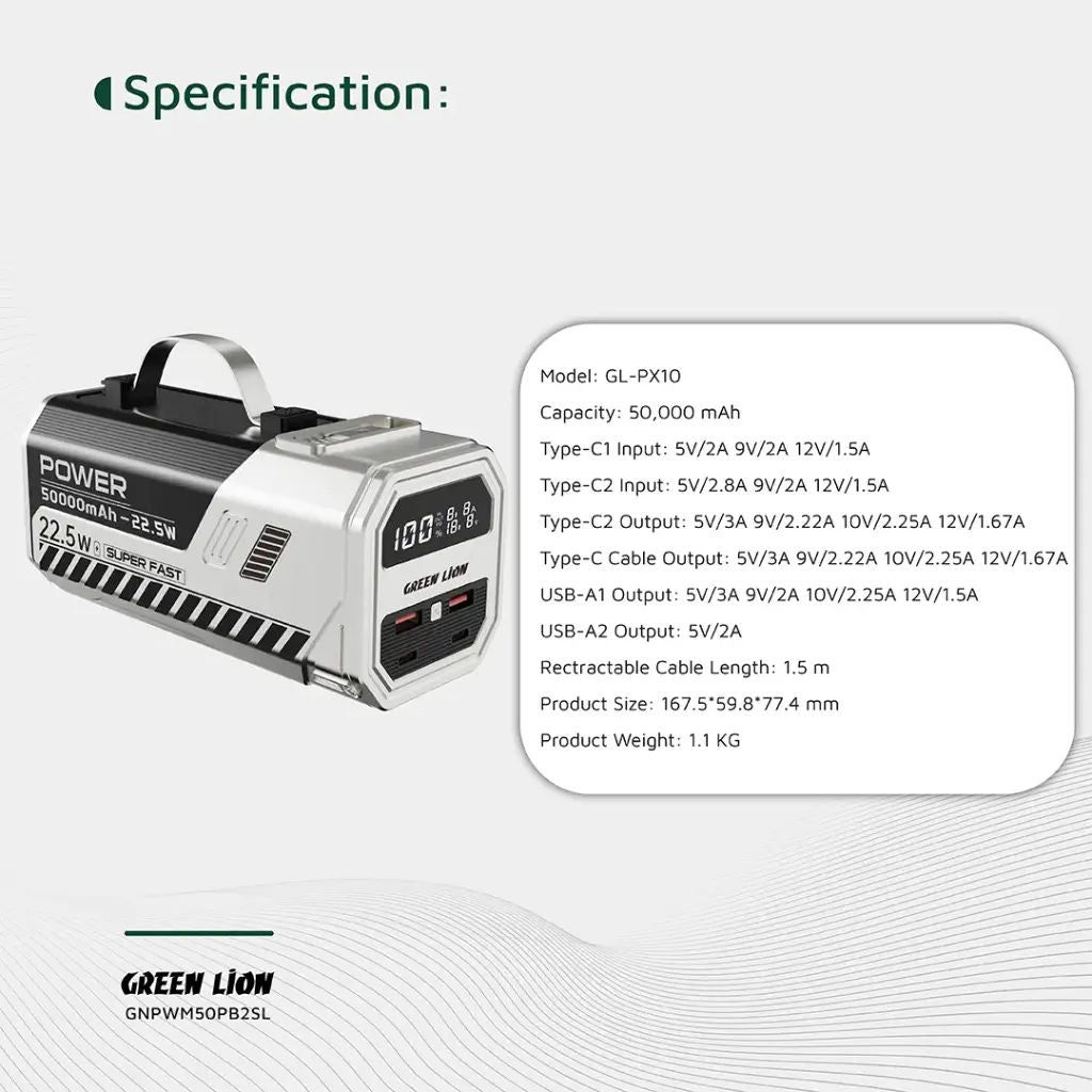 Green Lion 50000mAh Power Bank 22.5W, Silver