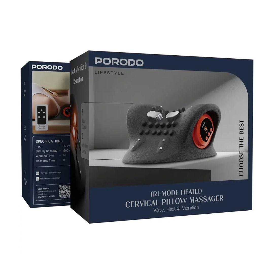 Porodo Lifestyle Tri-Mode Heated Cervical Pillow Massager with Wave Heat & Vibration, Black