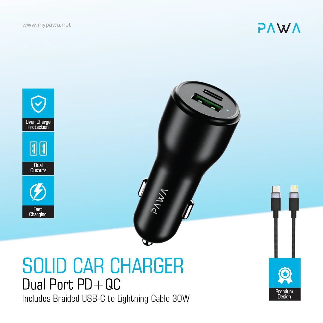 Pawa Solid Car Charger Dual Port PD+QC 51W With USB-C To Lightning Cable, Black