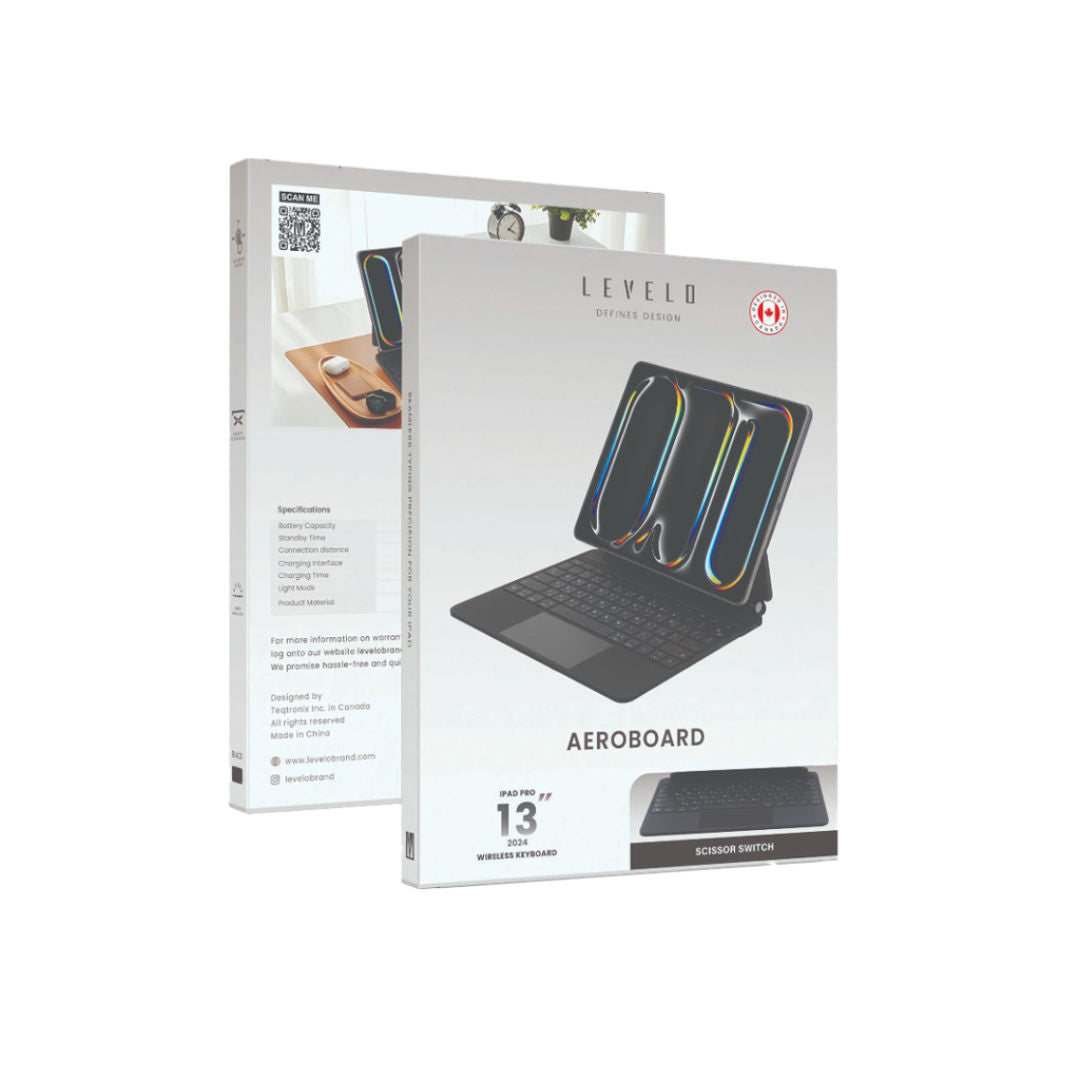 Levelo AeroBoard Saffanio Leather Wireless Keyboard, Adjustable Angle To 130°, For Apple iPad Pro 11", 12.9" & 13" Model, Black