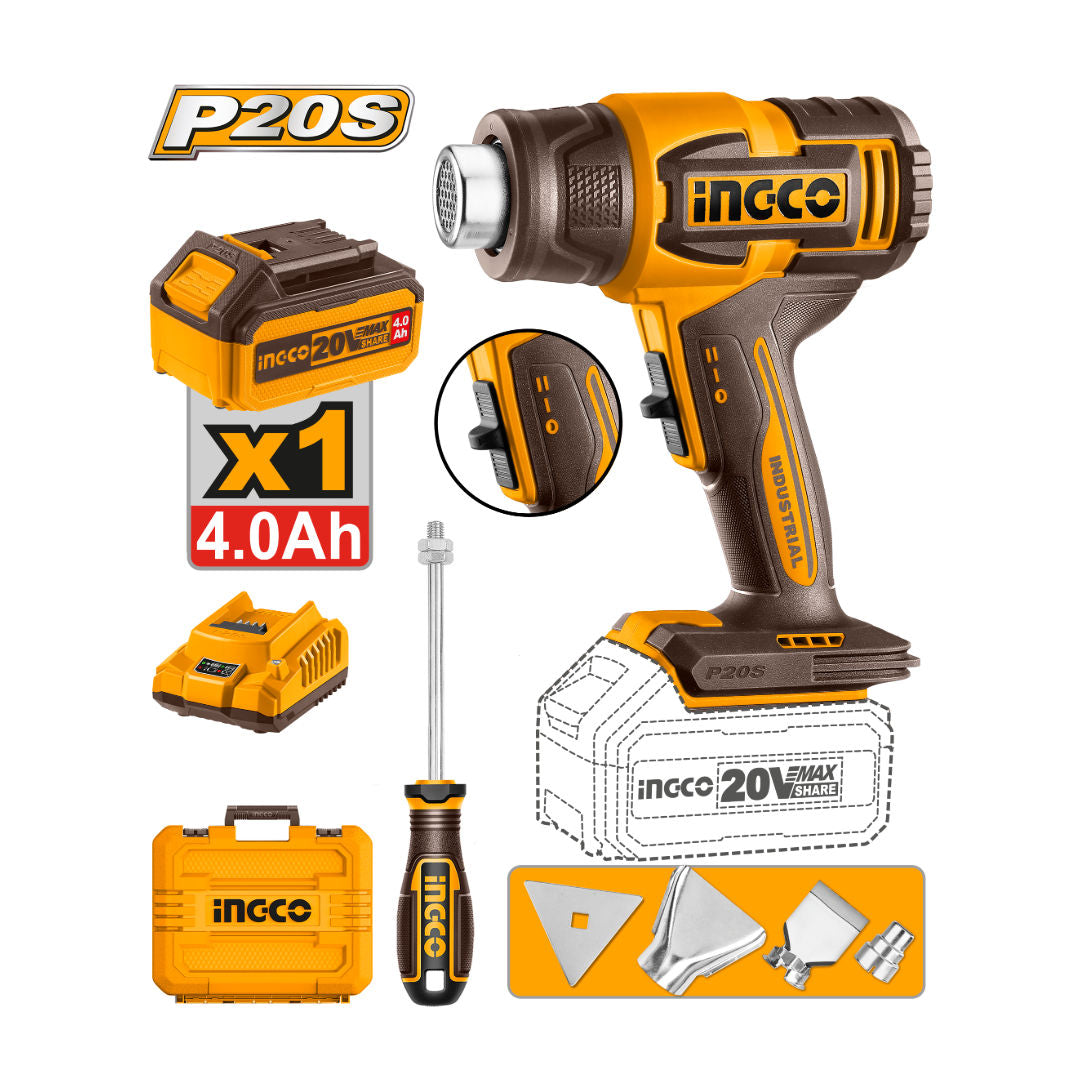 INGCO Cordless Heat Gun, 20V, 300/550 °C