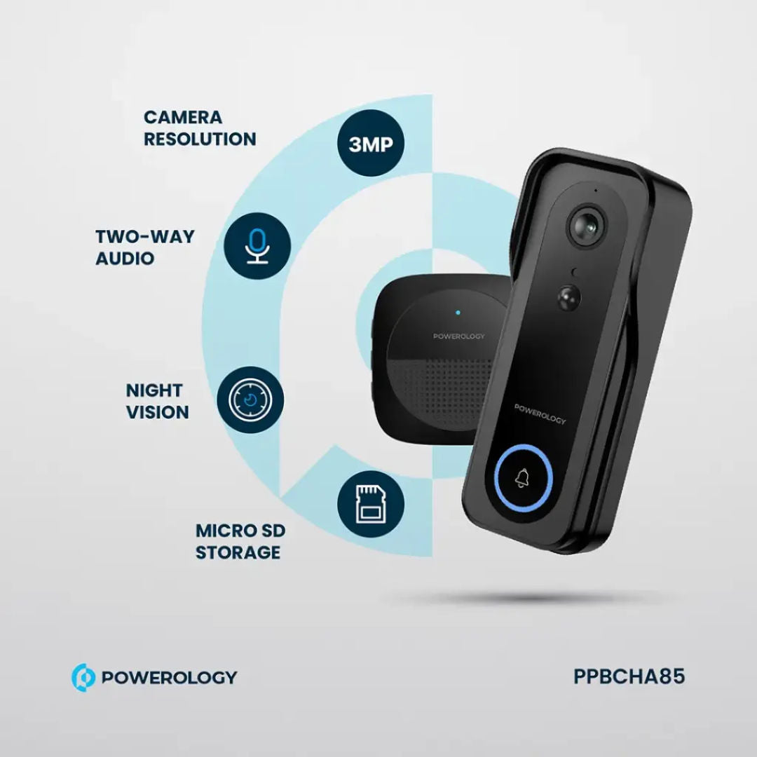 Powerology Smart Doorbell Camera, 3MP, IP65, Black