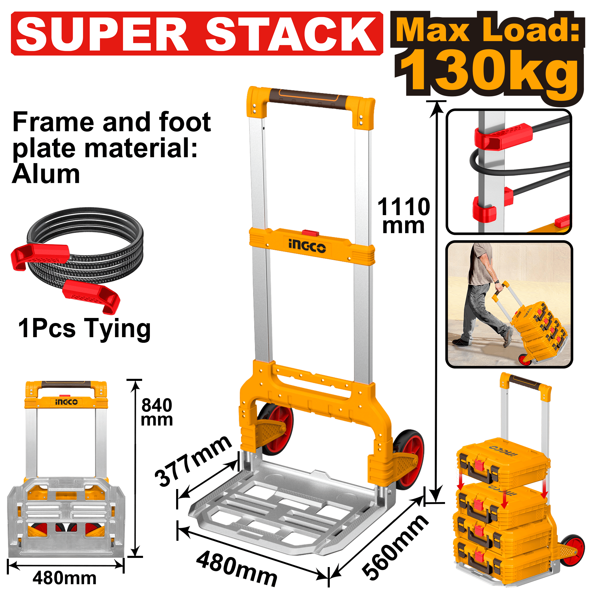 INGCO Foldable Hand Truck 130KG Heavy Duty Trolley Cart