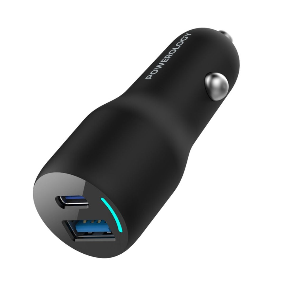 Powerology 35W PD + QC3.0 LED Dual Ports Car Charger, Black