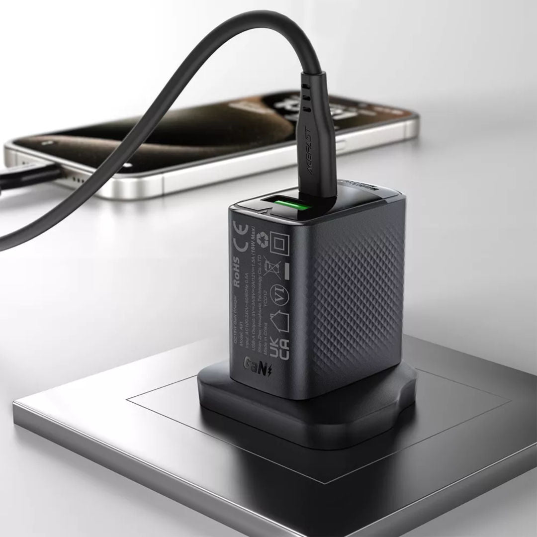 Acefast 30W GaN USB-C Power Delivery & USB Qualcomm 3-Pin UK Charging Plug, Black