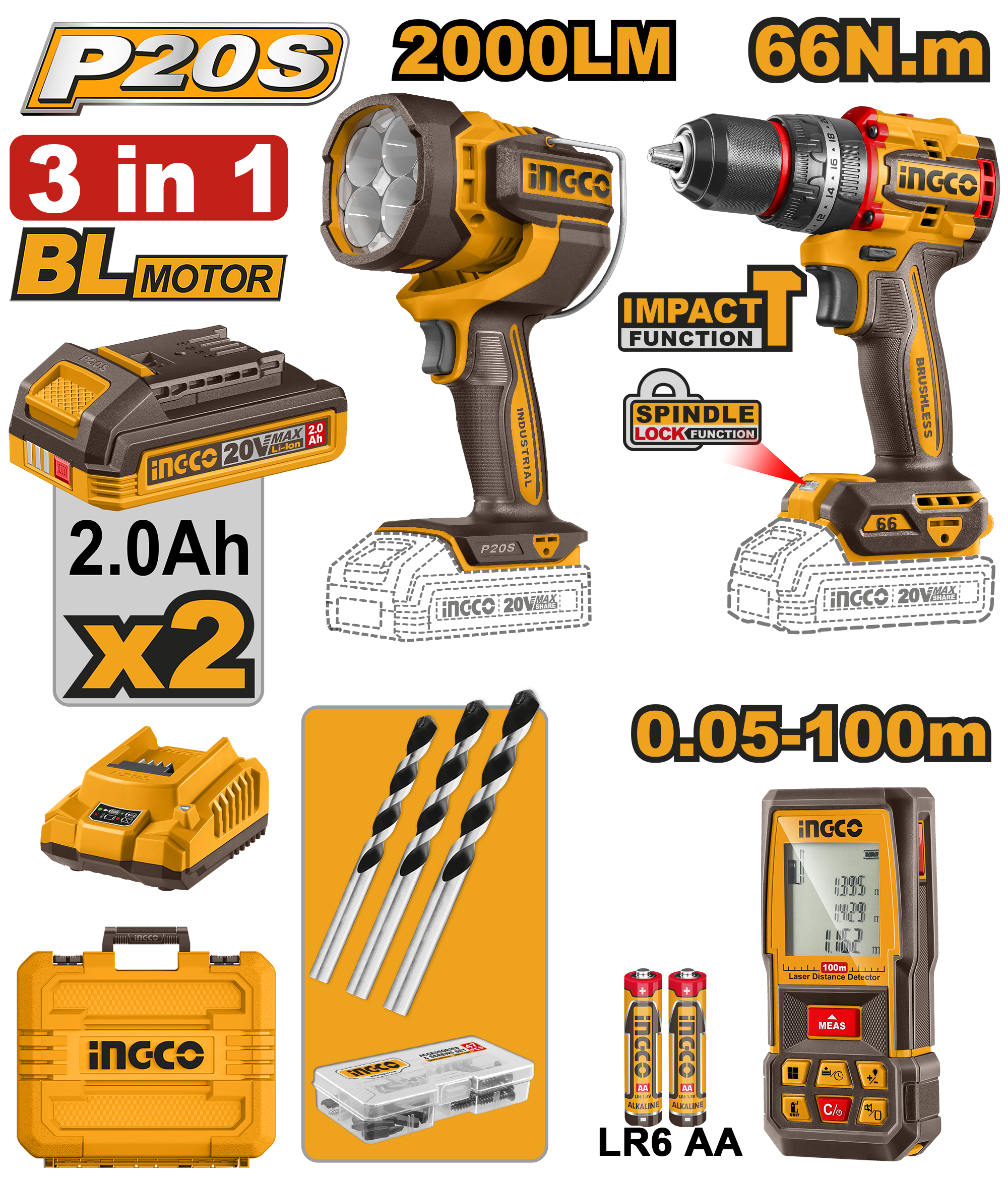 INGCO Cordless Drill and Laser Distance Meter Combo Kit