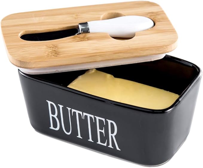 Modern Ceramic Butter Dish with Bamboo Lid & Spreader Set (Black)
