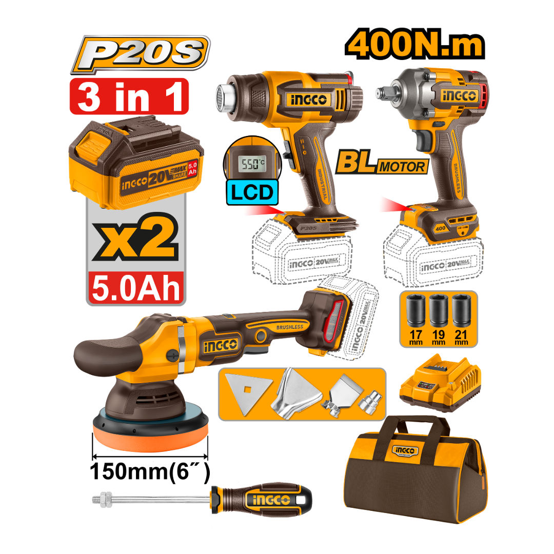 INGCO 20V 3-Piece Cordless Combo Kit, Impact Wrench 400Nm + Brushless Polisher + LCD Heat Gun, 2x5.0Ah Batteries & Bag