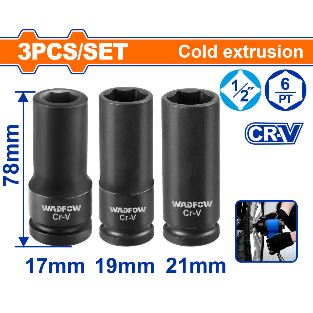 WADFOW 3 Pieces 1/2" Deep Impact Socket Set, 17/19/21 mm