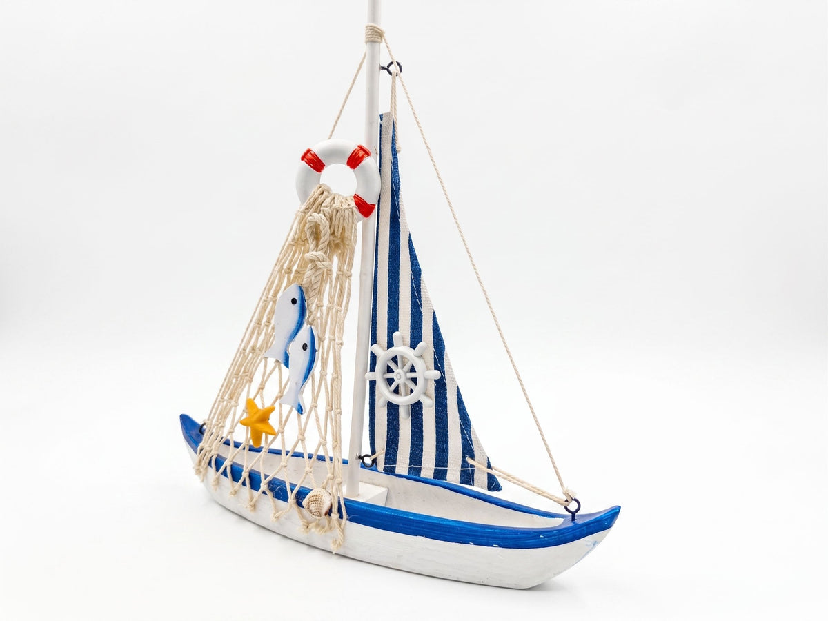 Handcrafted Wooden Model Sailboat – White & Navy Coastal Home Decor Display