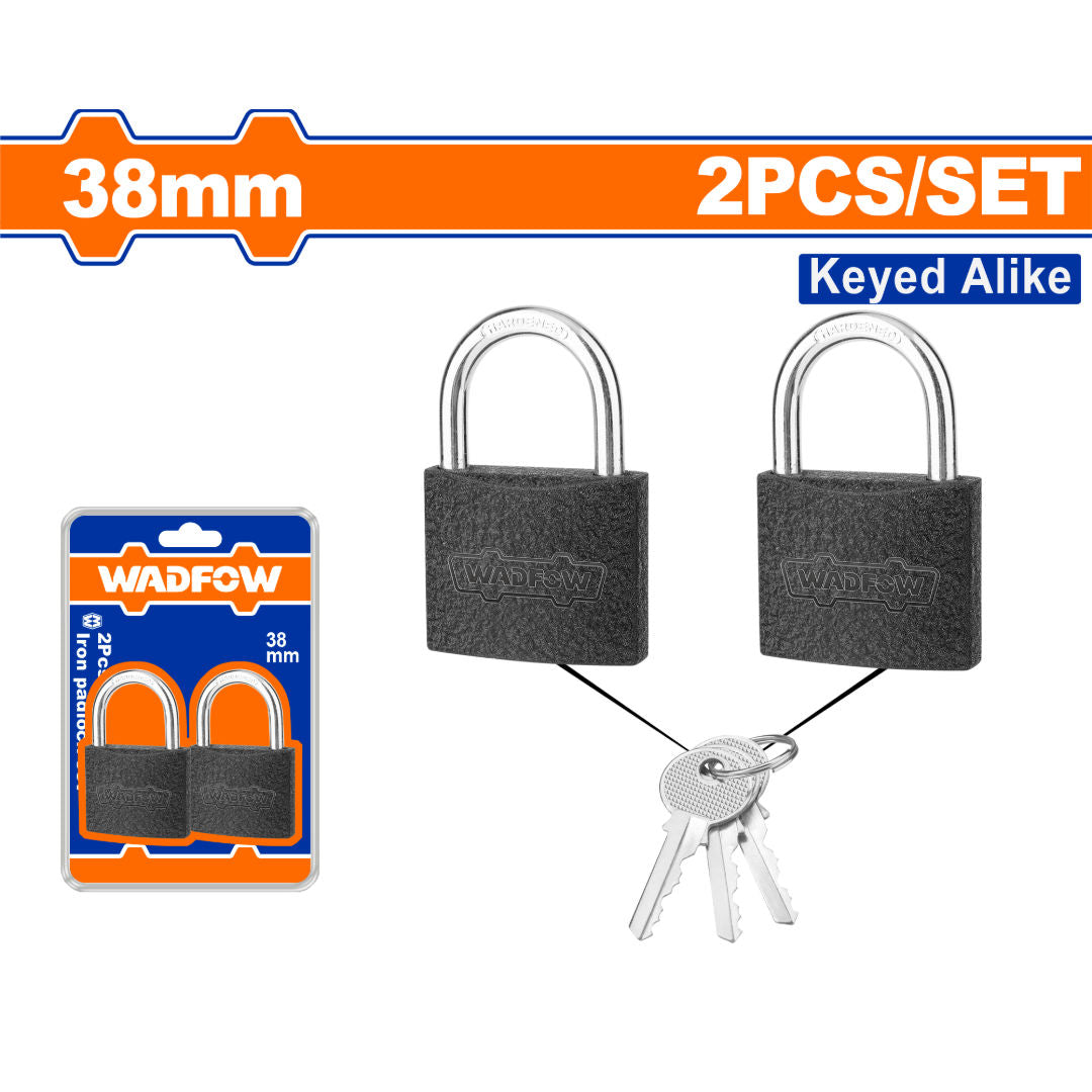 WADFOW 2-Pcs Key-Alike Iron Padlock Set, 38 mm, Brass Cylinder, 3 Iron Keys, Double Blister