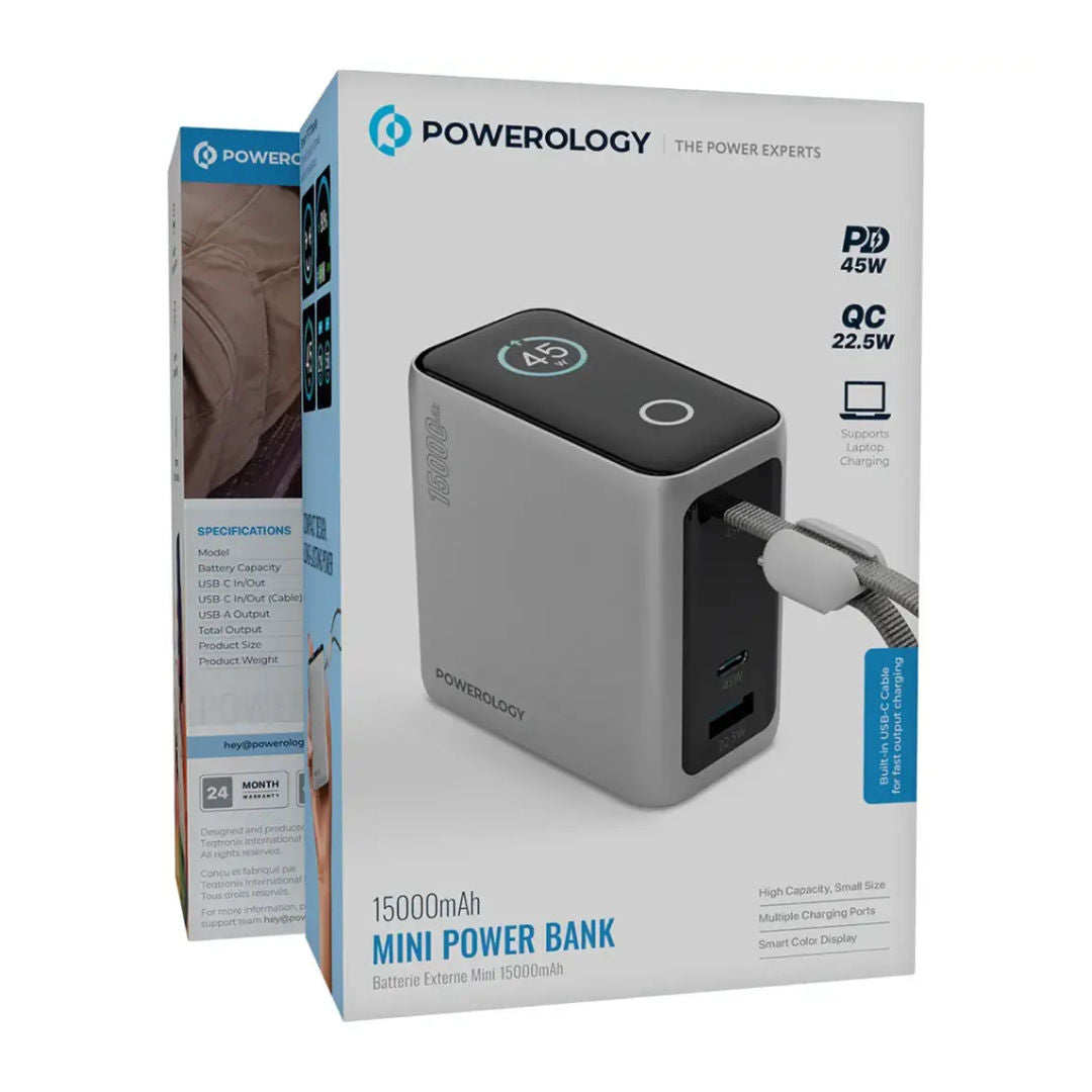 Powerology 15000mAh Mini Power Bank, Multiple Charging Ports, Smart Color Display