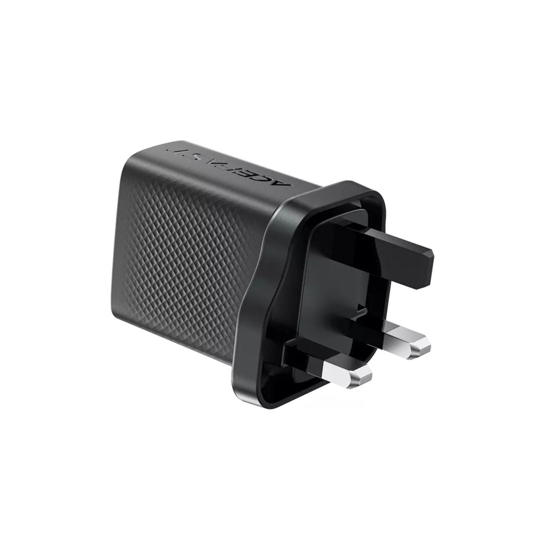 Acefast 30W GaN USB-C Power Delivery & USB Qualcomm 3-Pin UK Charging Plug, Black