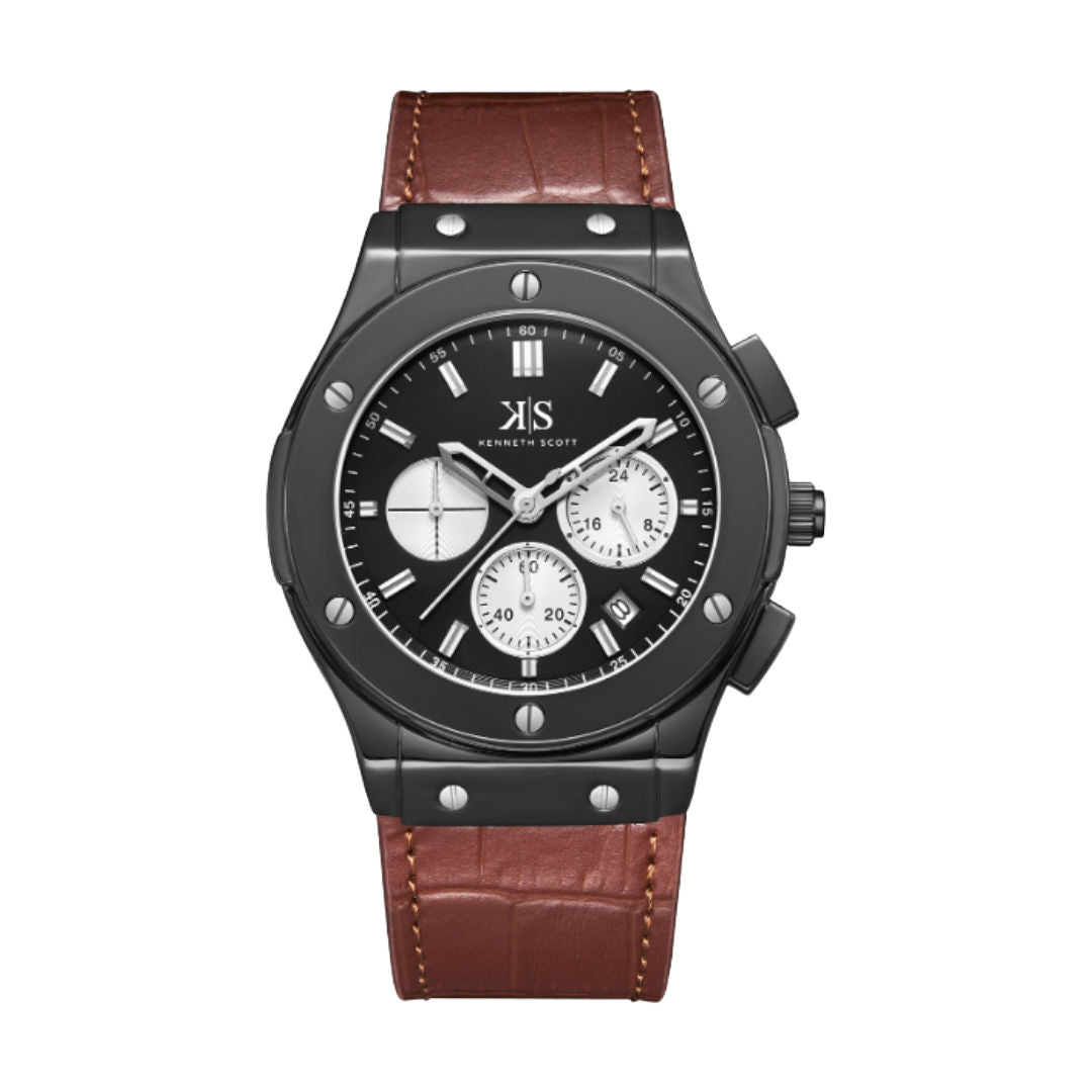 Kenneth Scott Men’s Multi-Function Quartz Watch with Leather Strap, K24115 Series