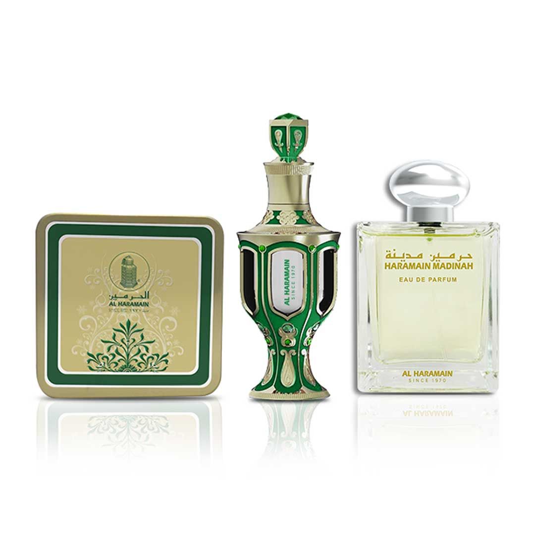 مجموعة هدايا "الحرمين" من المدينة المنورة، عطر ماء 100 مل + زيت عطري 30 مل + بخور 40 غرام، مجموعة عطور فاخرة